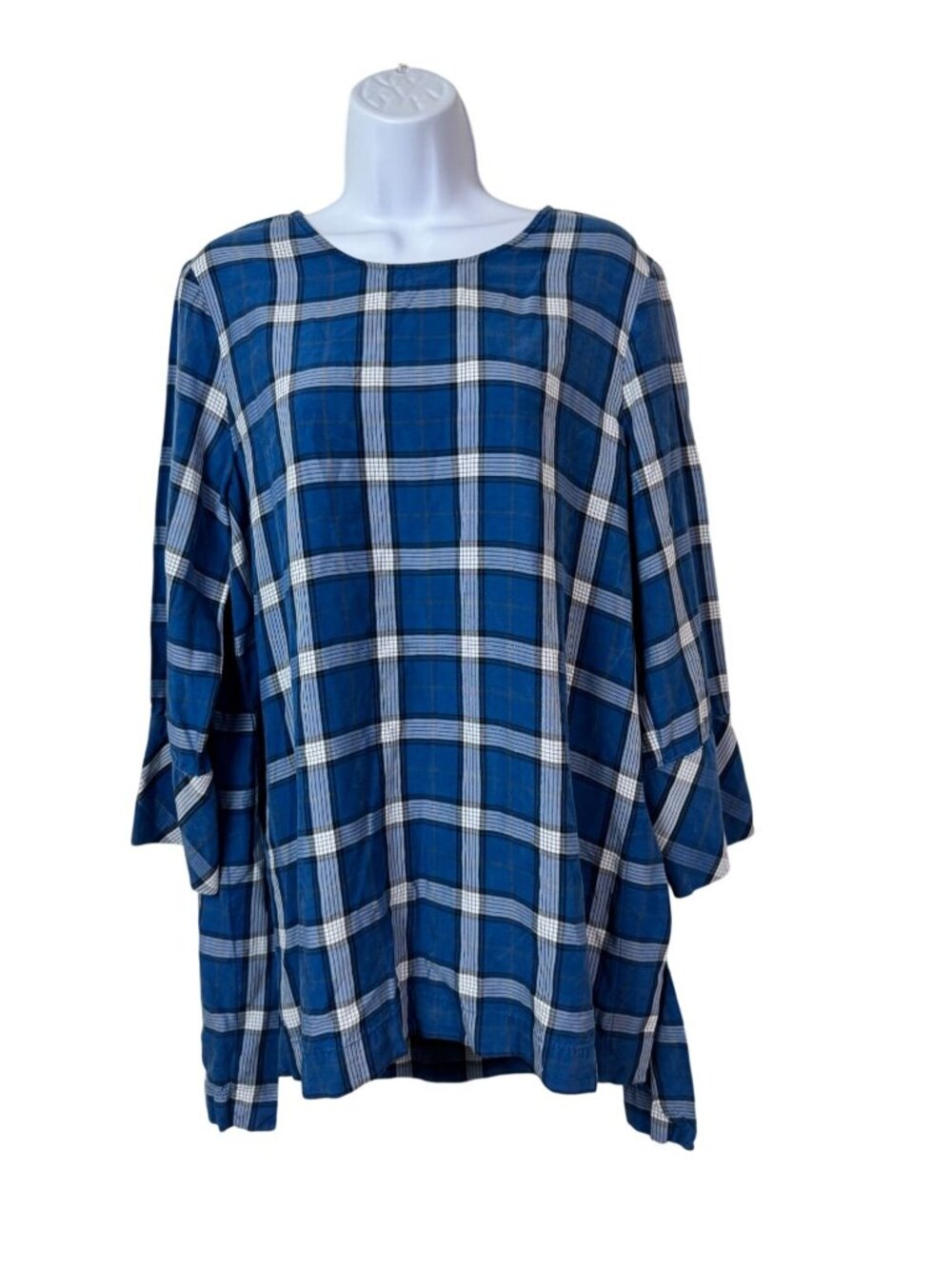 J. Jill Blue Plaid Tencel Lyocell Tunic Top Medium 3/4 Sleeve Back Button Accent